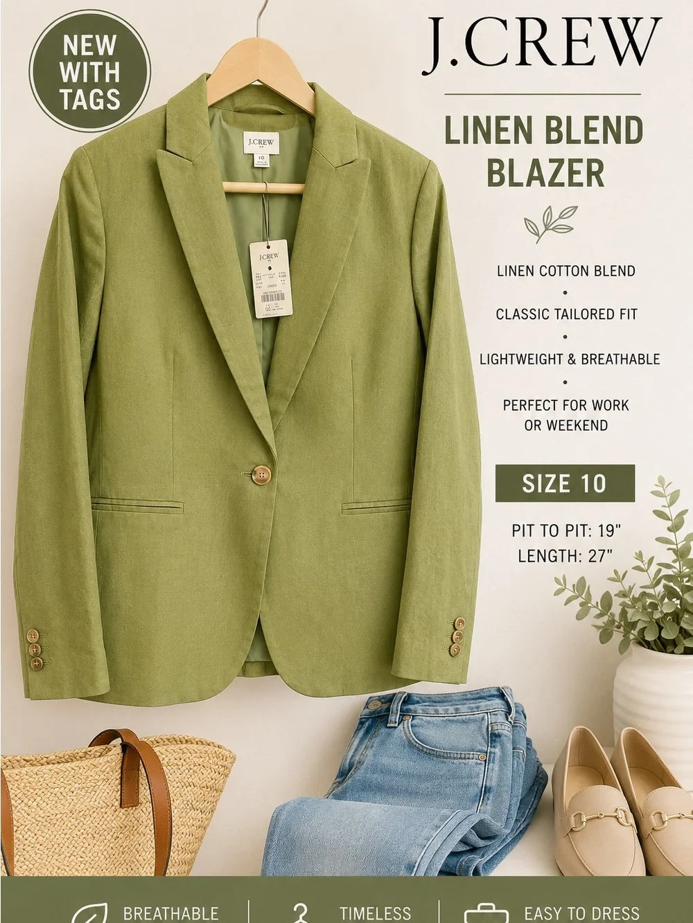 J.Crew Women's Linen Blend Blazer in Green - Size 10